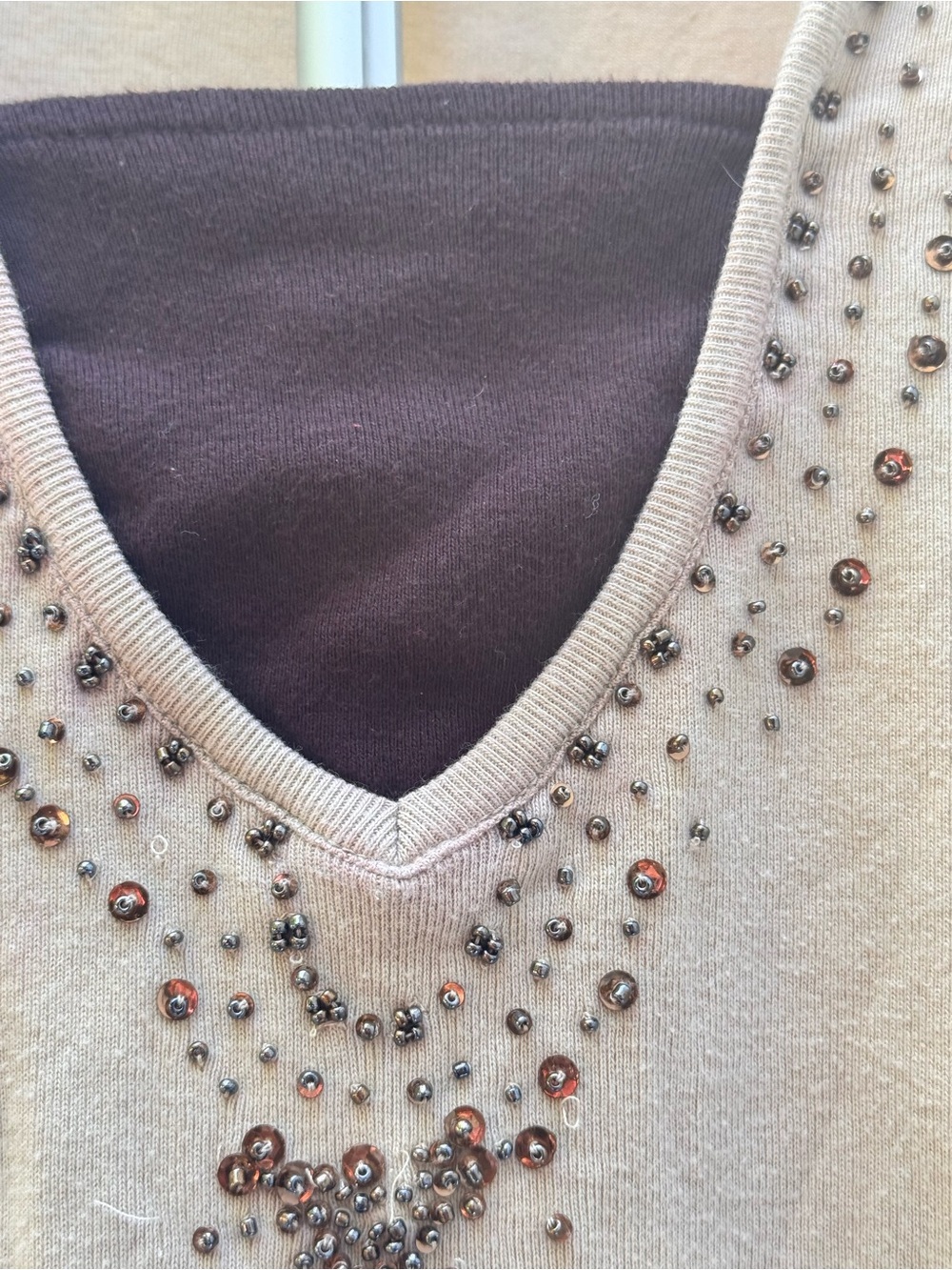 Fashion Bug Beige Long Sleeve Top with Beaded V-Neck - Picture 3 of 4
